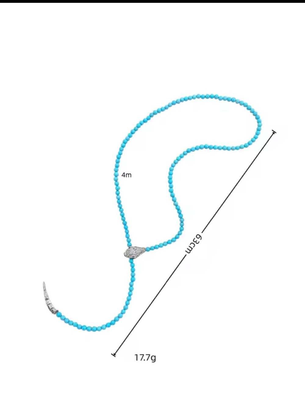 Turquoise Beaded Y-Shaped Necklace with Silver Pavé Accents adjustable snake - Picture 5 of 5